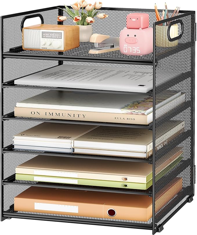 Subekyu 6 Tier Paper File Tray Organizer for Desk, Black Mesh Desk Letter Paper File Folder Accessories Sorter Organizer with Handle, Stackable Slide Tray for Office, Home or School Supplies Storage by SUBEKYU