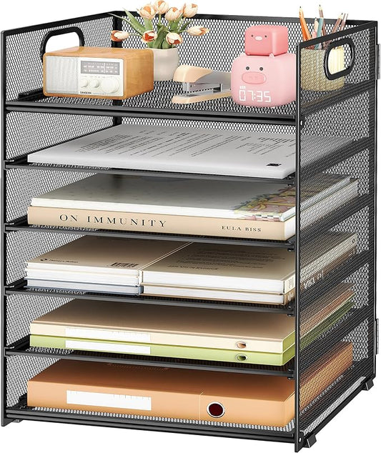 Subekyu 6 Tier Paper File Tray Organizer for Desk, Black Mesh Desk Letter Paper File Folder Accessories Sorter Organizer with Handle, Stackable Slide Tray for Office, Home or School Supplies Storage by SUBEKYU