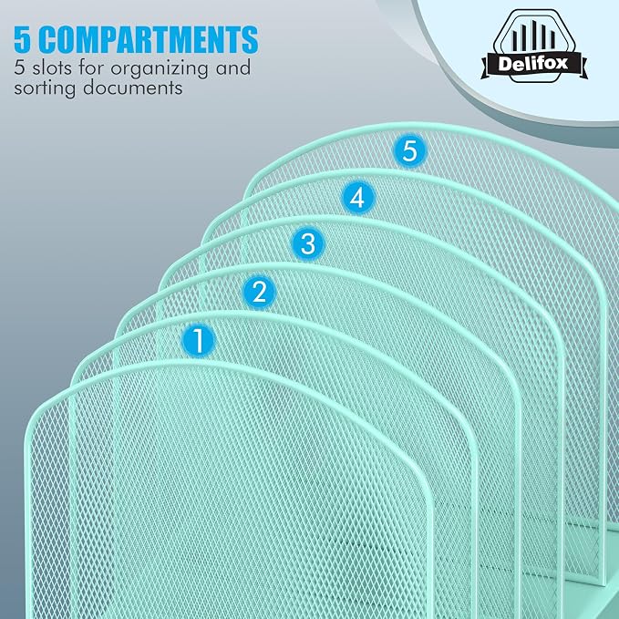 Delifox Inclined Desk File Organizer,Vertical File Folder Holder Stand Metal Rack File Sorter for Office Classroom Desktop Organization (2, Aqua, 5) - Image 6