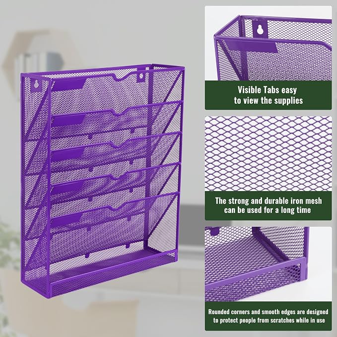 6 Tier Mesh Hanging Wall File Organizer, Desk Vertical Mail Paper Document Folder Holder Rack with Bottom Tray and Nametag Label for Office Home School, Purple - Image 4
