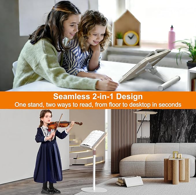 2-in-1 Floor Music Stand & Desktop Book Stand, 16.5"–51" Height Adjustable | Premium Wood Panel, Floor Reading Stand with Page Clip for Sheet Music, Cookbooks & Projector (White, 10" x 15" Panel) - Image 2