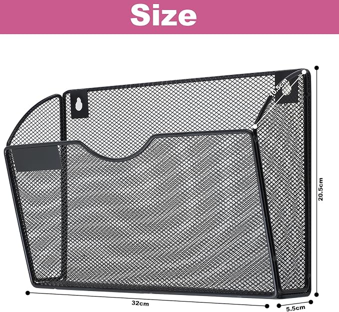 1 Pocket Mesh Wall File Holder Organizer Office Hanging File Folder Magazine Rack, Nametag Label Hooks Set Included (Black) - Image 2