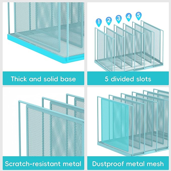 File Organizer for Desk, 5-Section Vertical File Sorter, Paper Holder Organizer Standing Metal File Folder for Office Home Classroom, Blue - Image 5