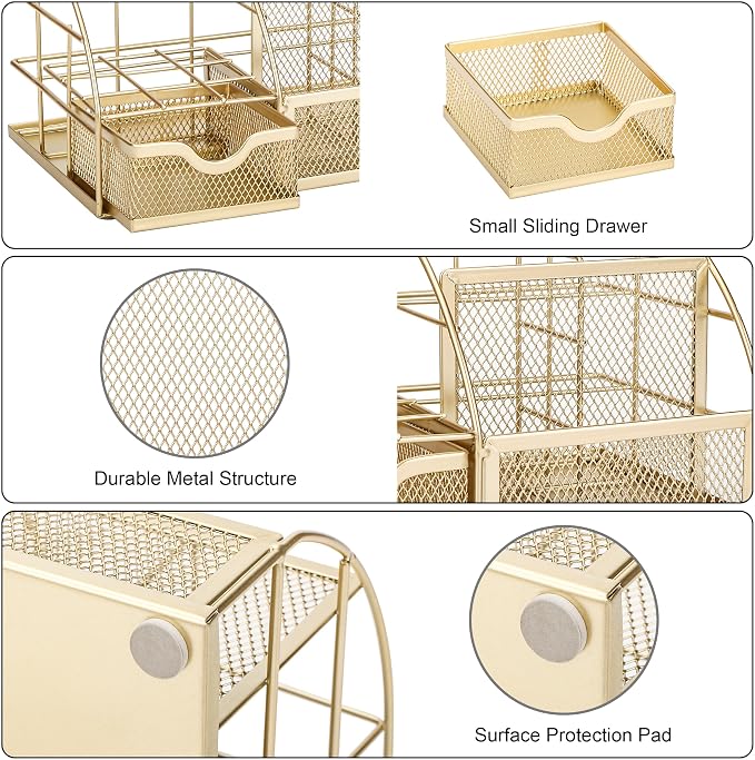 Exerz Desk Organizer Metal Mesh 7 Compartments Office Tidy Caddy Gold | Compact Gold Metal Mesh Design with Drawer and Multi Size Sections for Pens Notes Papers and Home Office Items - Image 4