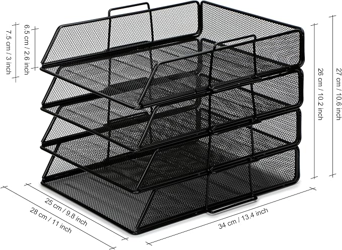 EXERZ Paper Sorter 4pcs Tier Stackable A4 Desk Organiser Letter Tray Black | Durable Metal Mesh Holds Papers Files Folders Notebooks And Magazines For Office Home Study Classroom Desks - Image 2
