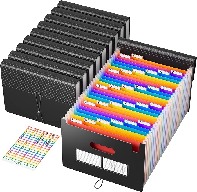ABC life 10 Pack, 26 Pockets Accordion File Organizer, Black | Monthly Bill Receipt Documents Organizer, A-Z Colorful Tabs, Letter/A4 Size for Classroom Office Organization Home Hospital by ABClife