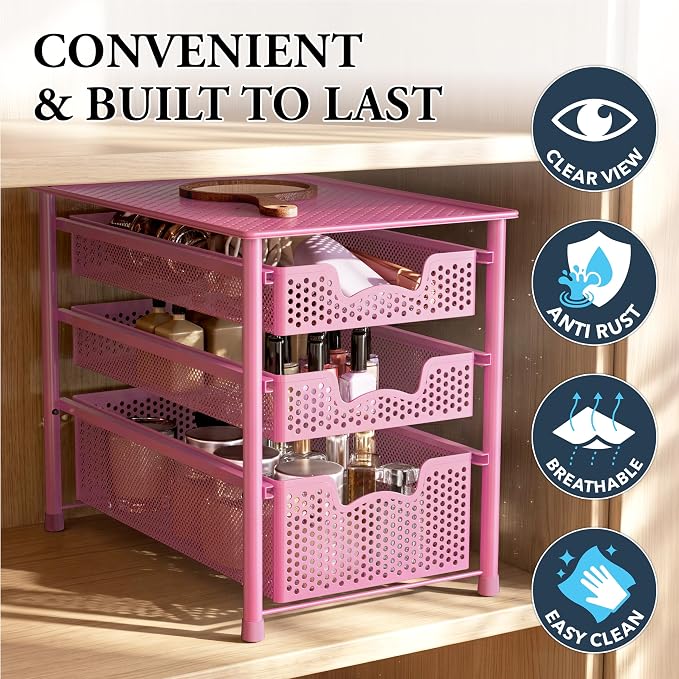 Simple Houseware Stackable 3 Tier Sliding Basket Organizer Drawer, Pink - Image 5