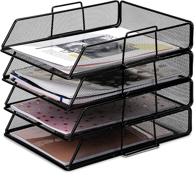 EXERZ Paper Sorter 4pcs Tier Stackable A4 Desk Organiser Letter Tray Black | Durable Metal Mesh Holds Papers Files Folders Notebooks And Magazines For Office Home Study Classroom Desks by Exerz