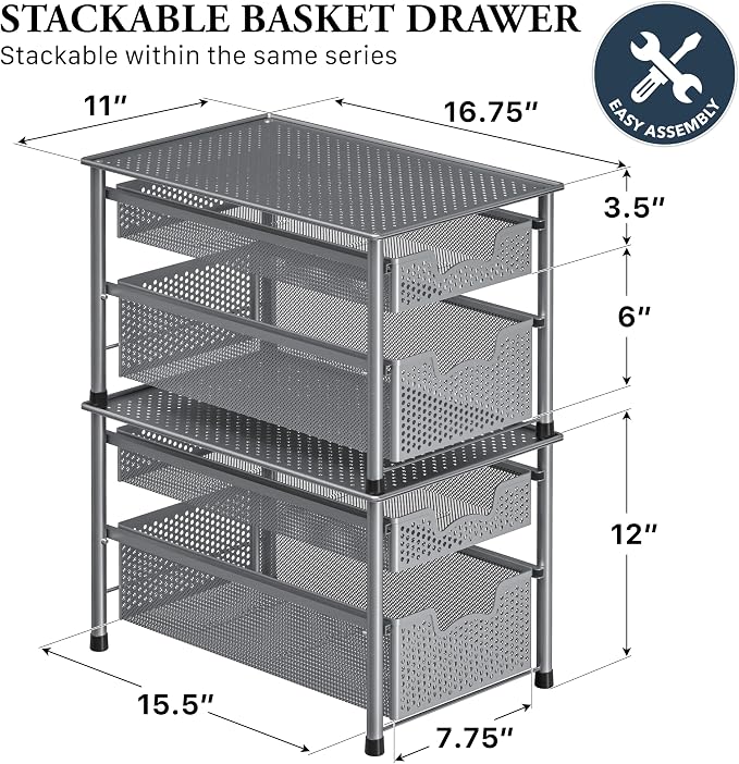 Simple Houseware Stackable 2 Tier Sliding Basket Organizer Drawer, Silver - Image 2