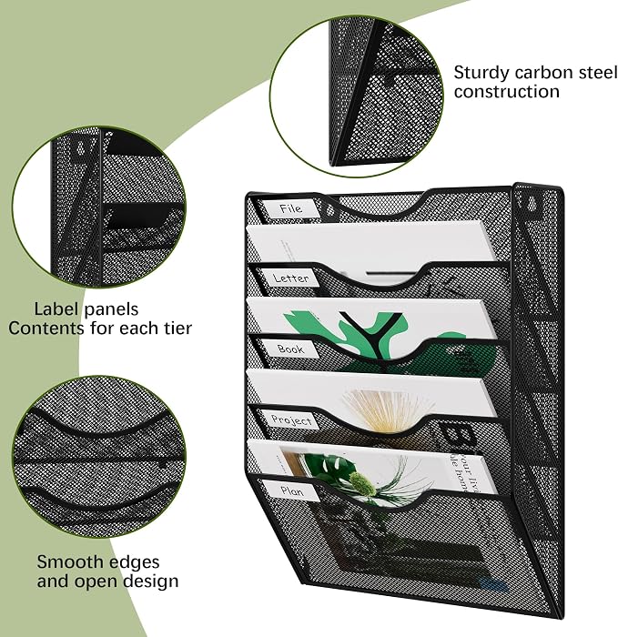 EasyPAG Wall File Organizer 5 Tier Hanging Paper Folder Holder, Zero Assembly Metal Mesh Wall Mounted Mail Organizer for Office Home Classroom Narrow Spaces, Black - Image 3