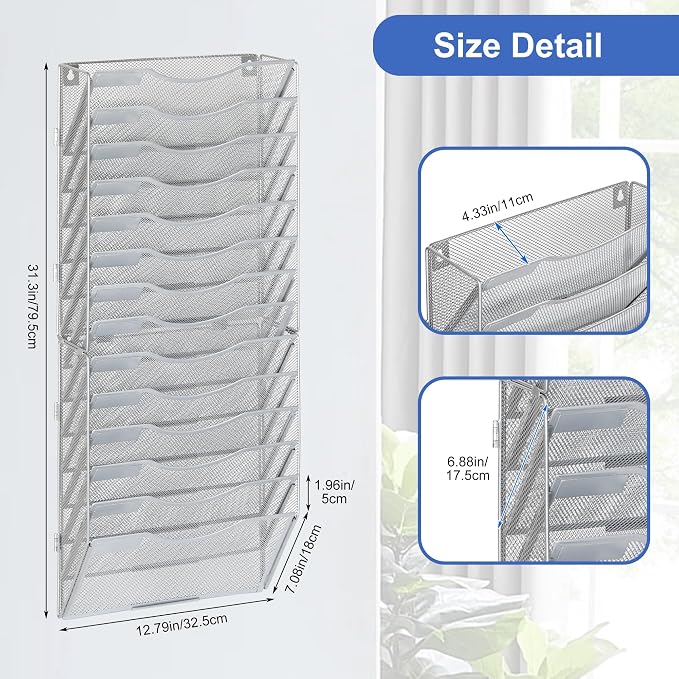 EasyPAG Wall File Organizer for Office 14 Pocket Mesh Wall Mounted Paper Organizer Hanging Folder Holder with Nametag Label for Home School, Silver - Image 2