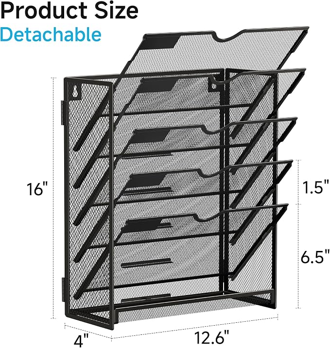 Lavatino 6-Tier Hanging File Organizer, Wall Mount File Holder for Mails Folders Papers Magazine Organization, Vertical Document Organizer for Office Home - Black - Image 2