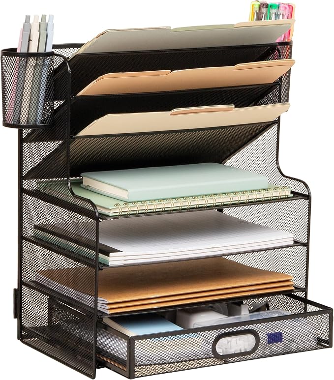 Mind Reader Mesh Desk Organizer, 6 Compartments, 1 Drawer, 2 Pen Cups, Office Desktop Organizer, Metal Mesh, Black by MindReader