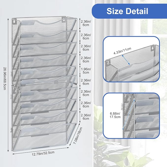 EasyPAG Wall File Organizer for Office 10 Pocket Mesh Wall Mounted Paper Organizer Hanging Folder Holder with Nametag Label for Home School, Silver - Image 2