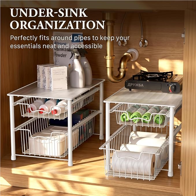 Simple Houseware Stackable Sliding Basket Organizer Drawer, White, 2-Tier - Image 6