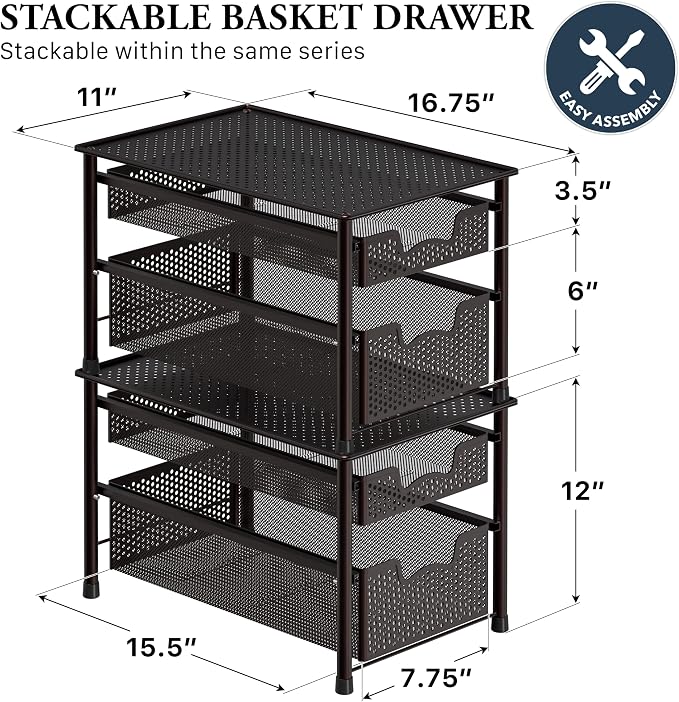 Simple Houseware Stackable 2 Tier Sliding Basket Organizer Drawer, Bronze - Image 2