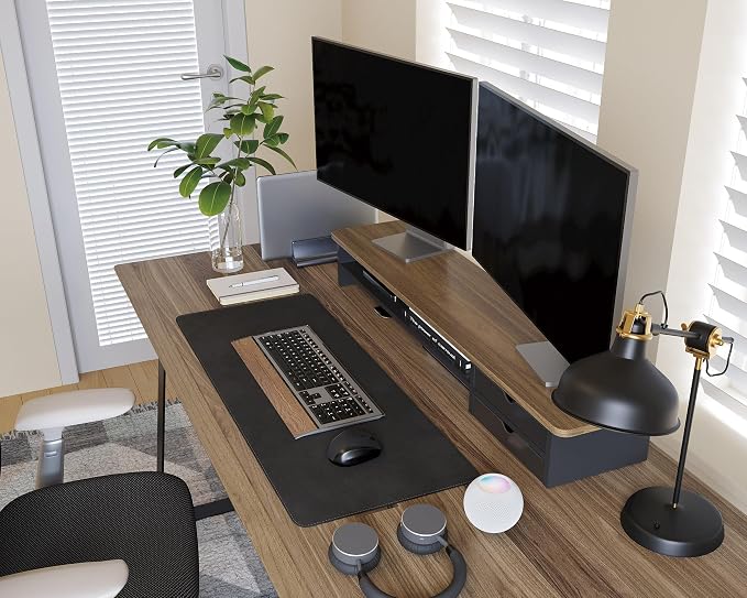 Fenge Monitor Stand, Desk Computer Riser with Frosted Storage Drawer, Brown | 42.5 Inch Dual Monitor Riser, 2 Tiers, Cable Management, Desk Shelf for 2 Monitors, Ultrawide Screen, Laptop, TV, Home Office - Image 7