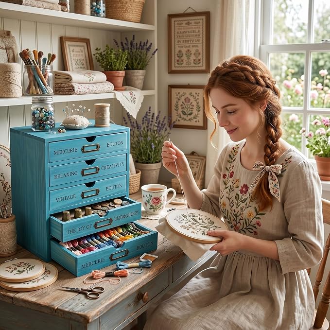 Wesiti 5-drawer Wooden Desk Organizer Blue, Embroidery Floss Thread Organizer Storage, Cottagecore Craft Room Box with Drawers for Art Supplies, Jewelry, Apothecary Cabinet, Stackable - Image 5