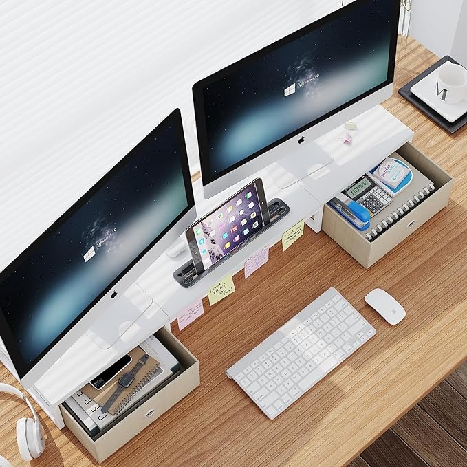 39 Inch Dual Monitor Stand Riser with 2 Drawers - Large White Wooden Computer Stand for 2 Monitors, Ergonomic Desk Organizer with Phone Holder, Desktop Storage for Laptop, Office Supplies, Home Office - Image 2