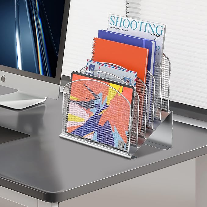Delifox Inclined Desk File Organizer,Vertical File Folder Holder Stand Metal Rack File Sorter for Office Classroom Desktop Organization (2, Silver, 5) - Image 7
