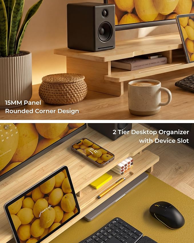 42.5” Dual Monitor Stand with Phone & Tablet Holder Desk Shelf | Bamboo monitor Riser for 55-72 inch Desk Cozy Computer Setup Workplace Organizer Keyboard Storage Ergonomic - Image 3