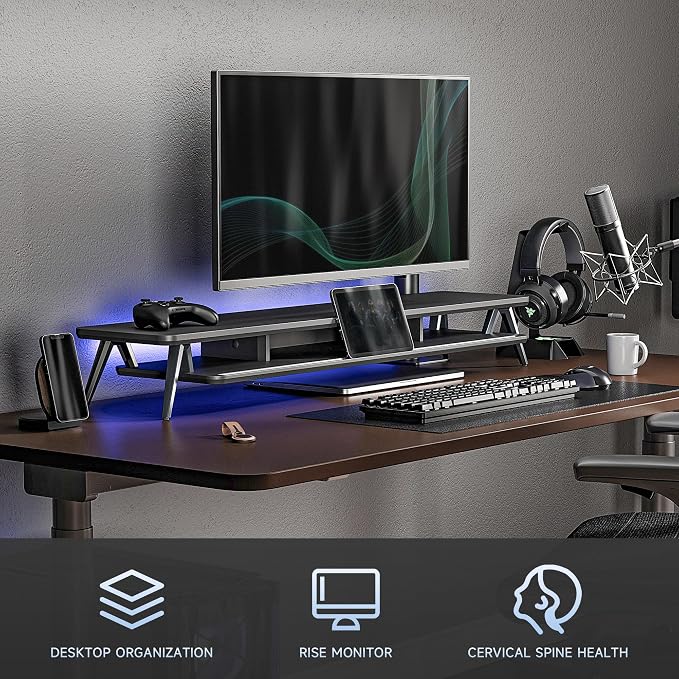 Fenge Dual Monitor Stand, Monitor Stands Riser for 2 monitors, 42.5 Inch Wood Desk Shelf with Storage Organizer and Cable Management for Office Desk Accessories | 42.5-Inch Wide, Sturdy Aluminum Legs, Built-In Phone & Tablet Slot, Desktop Organizer for... - Image 5