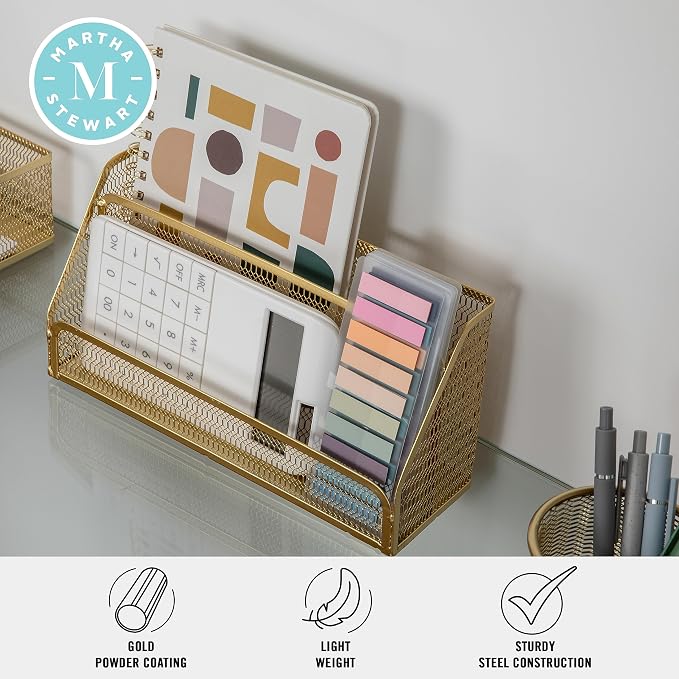 Martha Stewart Ryder 6-Piece Mesh Metal Desktop Organizer Set, Gold | Steel Mesh, Gold Finish - Image 3