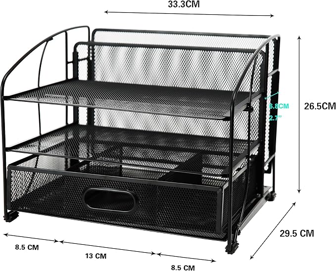 Exerz Mesh Desk Organiser Office Supplies 3 Trays/Desktop File Holder with Sliding Drawer and Hanging File Holder/Paper sorters/Vertical Upright Section for Office Home Multifunctional (Black New) - Image 2