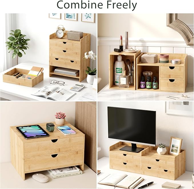 Bamboo Desk Organizer with Drawers, Desktop Storage for Office Supplies | 3 Drawers Desktop organizer, No Assembly Required, Natural Wood Wooden Desktop Drawers Box for Bills, Cosmetics, Seals, Paper - Image 4