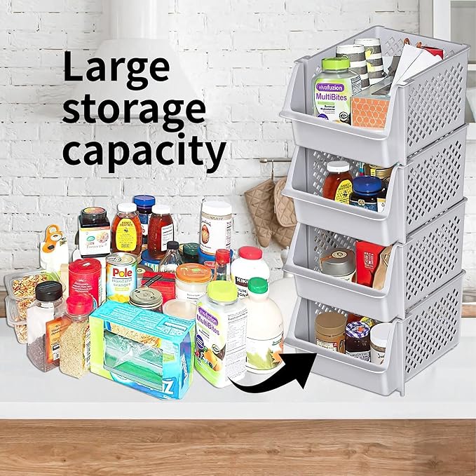 TidyFriend Stackable Storage Bins for Pantry - 8 Pack Stackable Bins for Organizing Food, Kitchen, and Bathroom Essentials (Light Grey) | Sturdy Plastic, Easy Stacking, Open Front Access, Ventilated Sides, Vertical & Space Saving Pantry Organizers and ... - Image 2