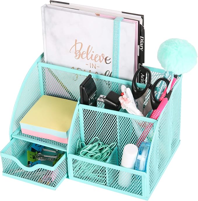 Exerz Desk Organizer 7 Compartments Metal Mesh Pen Holder Turquoise | Fresh Desktop Storage for Notes Clips Scissors Rulers Craft Tools Makeup Study Supplies and Home Use - Image 2