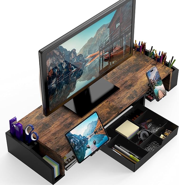 Simple Houseware Desk Dual Monitor Stand Riser with Drawer, Rustic Brown | Customizable Organizer Tray, Built-In Phone & Tablet Slot and Side Storage - Image 2