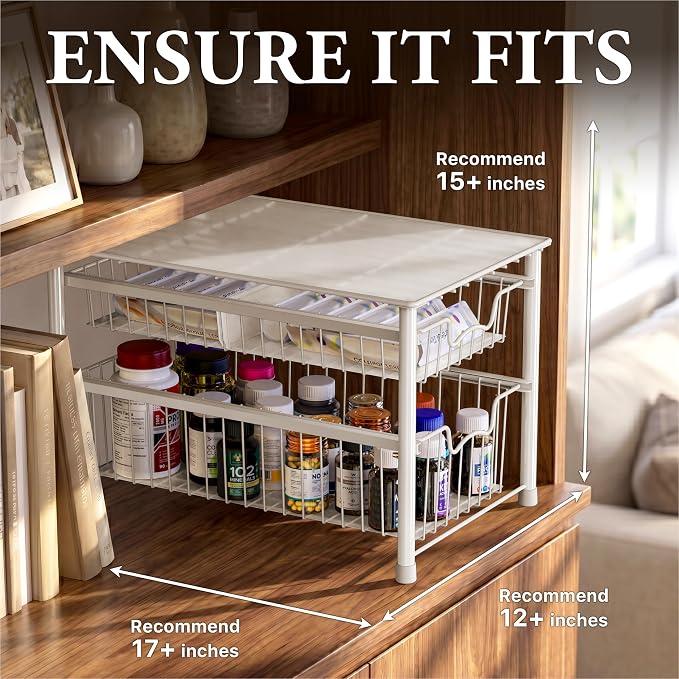 Simple Houseware Stackable Sliding Basket Organizer Drawer, White, 2-Tier - Image 3