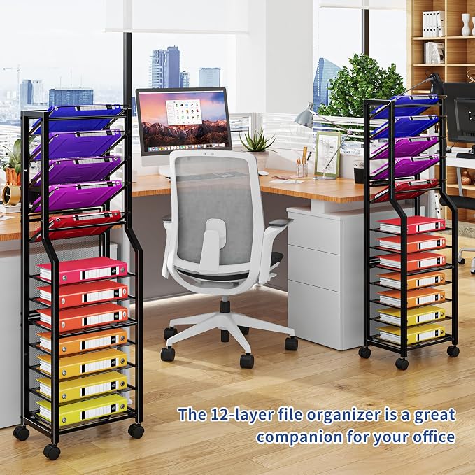Simple Trending 12 Tier Rolling File Cart, Desk File Organizer with Sliding Trays and Metal Mesh Paper Letter Storage Multi Functional Rolling Clutter Cart for Office, Home, School, Black - Image 6