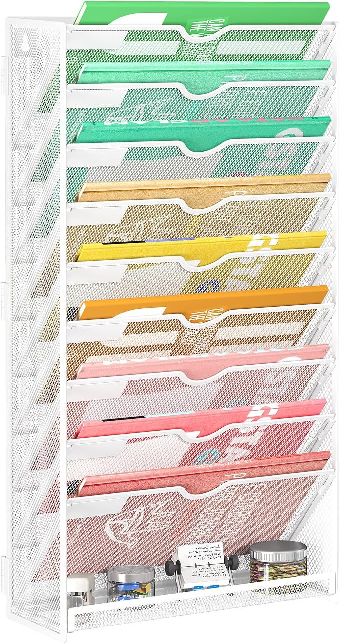 Lavatino 10-Tier Hanging File Organizer, Wall Mount File Holder for Mails Folders Papers Magazine Organization, Vertical Document Organizer for Office Home White by Lavatino