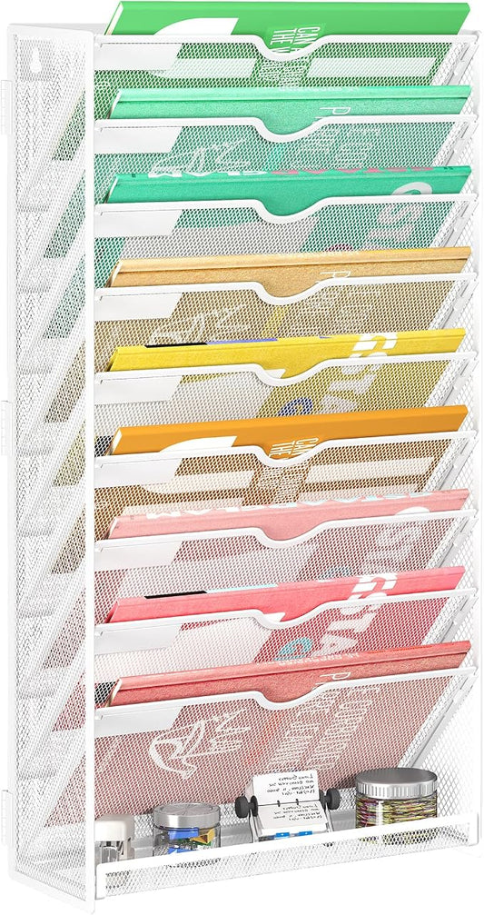 Lavatino 10-Tier Hanging File Organizer, Wall Mount File Holder for Mails Folders Papers Magazine Organization, Vertical Document Organizer for Office Home White by Lavatino