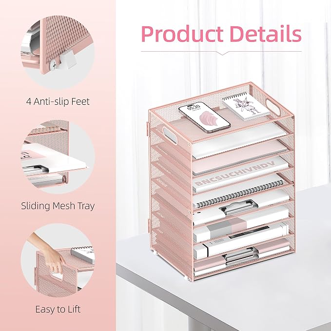 9-Tier Paper Organizer for Desk, Letter Tray with Handles, Pink, 2 Pack | Desk File Organizer with Removable Trays for Sorting Files, Folders, Mail and Printer Paper at Home, School or Office - Image 5