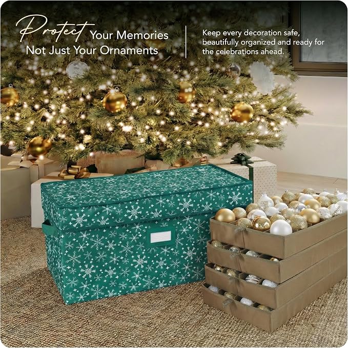 Covermates Keepsakes Adjustable Ornament Storage Box – Heavy-Duty Polyester, Padded Dividers & FlexGrid Trays – Protective Holiday Organizer with Stackable Walls & Label Window, Green Snowflake - Image 2