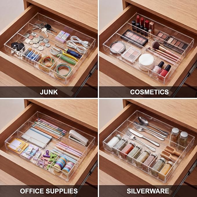 Large Acrylic Desk Deep Drawer Organizer with Adjustable Dividers, Anti-skip Clear Desk Top Junk Drawer Storage Tray for Pens, Desktop, Office, Bathroom, Kitchen, Makeup Supplies(6 Compartments) - Image 7