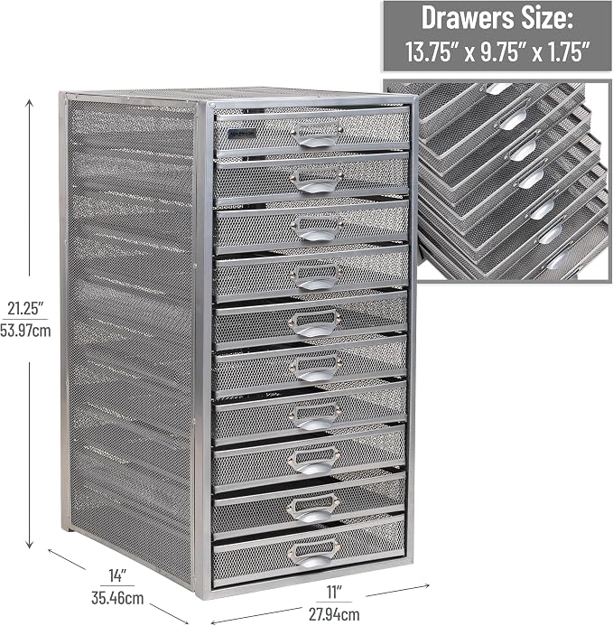 Mind Reader 10-Drawer Desk Organizer for Office Supplies, Crafts, Mail Sorting & More, Metal Mesh, Silver - Image 2