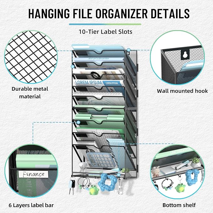 10-Tier Wall File Organizer with 5 Hooks, Wall Mounted Mail Organizer | File Holder Organizer, Metal Mesh Office Wall Organizer for Home, School & Classroom - Image 8