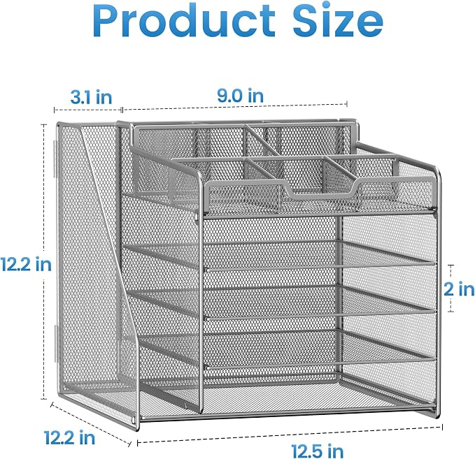 Lavatino 5-Tier Metal Mesh Desk Organizer with File Holder & 7 Customizable Compartments | Paper Letter Tray for Office or Home Desk Storage | Keep Workspace Supplies Neat & Organized, Silver - Image 7