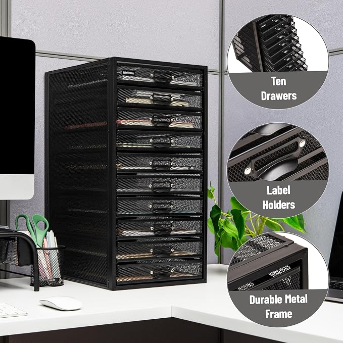Mind Reader 10-Drawer Desk Organizer for Office Supplies, Crafts, Mail Sorting & More, Metal Mesh, Black - Image 7