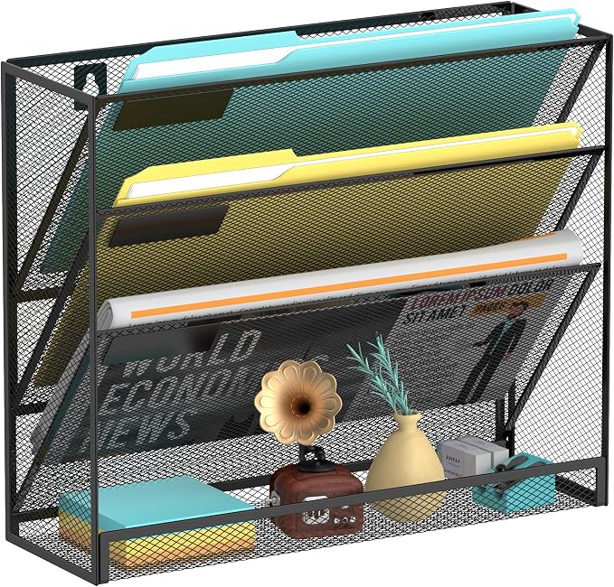 Wall File Organizer Mesh Office Mail Holder, Hanging Wall Organizer Magazine Rack for Office Black, 4 Tier by SUPEASY