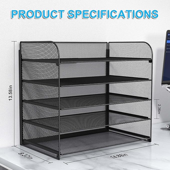 2 Sets 5-Tier Paper Organizer,Paper Tray Holder for Desk,File Holder/Sorter,Legal/Letter Size,A4,File Folder Shelf Organizer for Office,Home,Solid Steel,Mesh,Sturdy,Leakproof,Large Capacity - Image 5