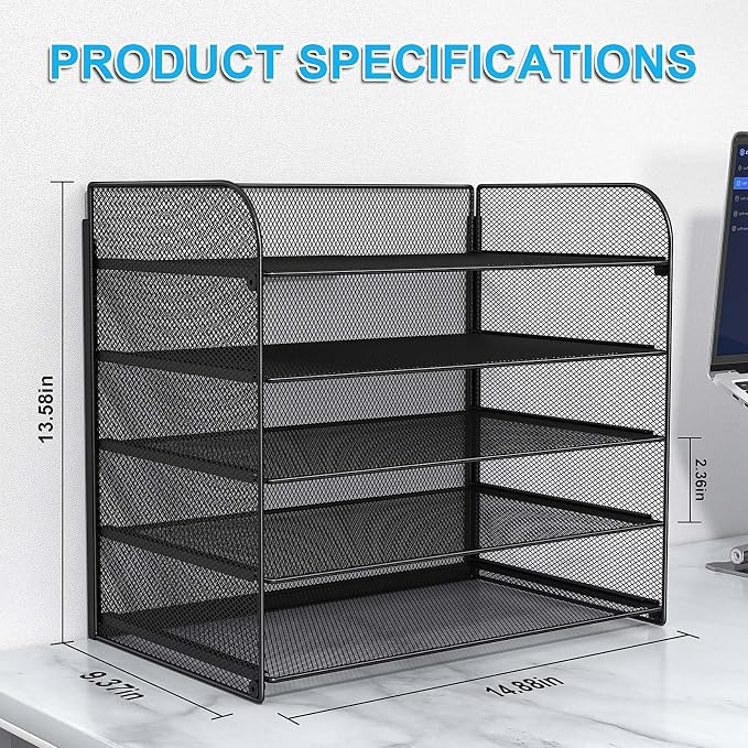 A4/Legal/Letter Size，5 Tier Mesh Letter Tray File Organizer,15.2 x 9.5 x 13.4 inches,Office File Folder Holder,Space Saving,Black - Image 4