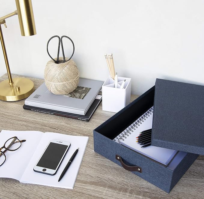 Bigso Oskar Canvas Fiberboard Document Letter Box - File Organizer Box for Important Paperwork - Document Storage with a Lid & Leather Handle - 3.3 in x 10.2 in x 13.8 in - Blue - Image 8
