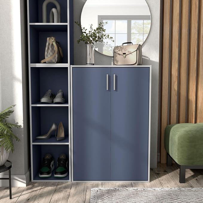 Homes: Inside + Out Apexa 3-Tier Stackable Wood Bookcase with Doors, Cube Storage Organizer Shelves, Small Food Pantry Cabinet, Dorm Teen Room Decor & Bedroom, Home Office, Kitchen, Steel Blue - Image 2