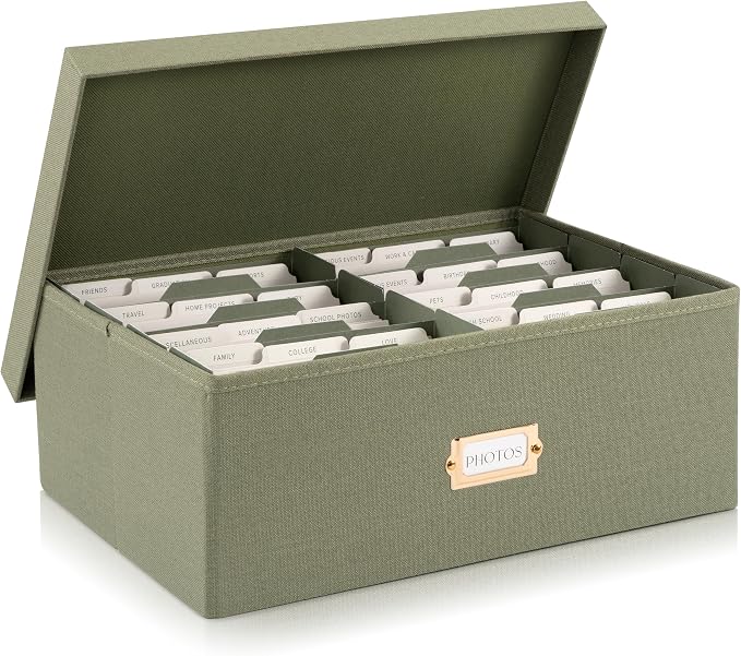 ZICOTO Decorative Photo Storage Box - Sturdy Linen Photo Organizer with Dividers is Perfect to Store Up to 1700 Pictures and 5x7 Photos - Portable Scrapbook Storage Containers with Lid by ZICOTO