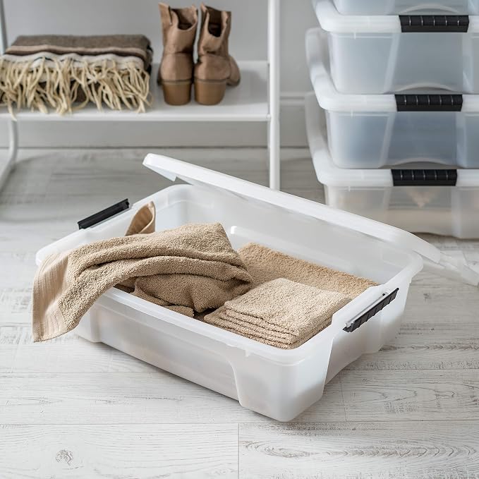 IRIS USA 6-Pack 27 Quart Storage Bins with Lids, Pearl | Conceals contents for a clean look. Great for linens, décor, closet storage, and supplies. Nestable design saves space - Image 8